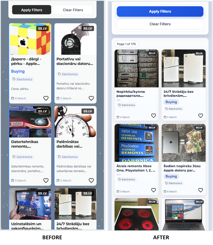 Mobile listing grid before and after